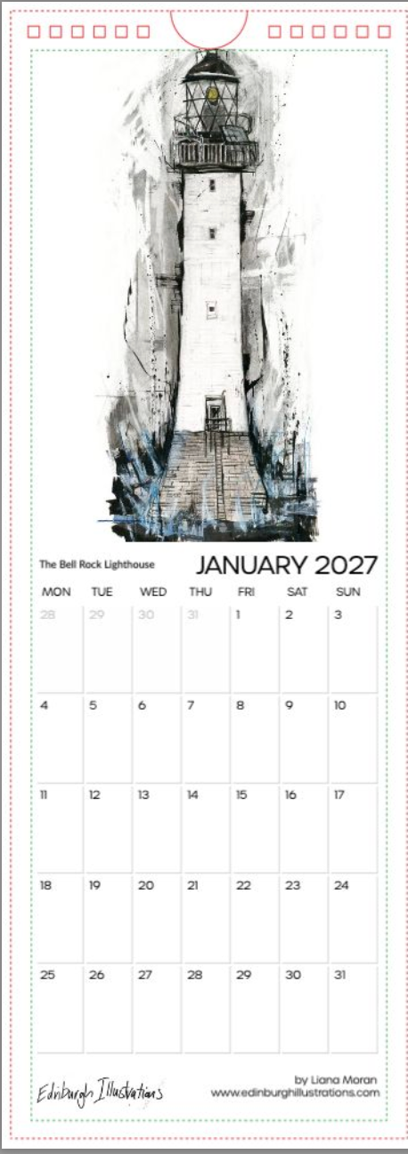 A January 2027 calendar page featuring a tall lighthouse illustration in black, white, and gray tones, with the text 'The Bell Rock Lighthouse' and 'JANUARY 2027' above a weekly grid.